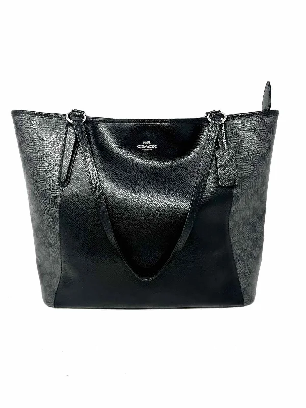 Coach Size L Black/Gray Signature Leather Designer Tote