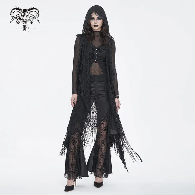 Women's Gothic Lace Mesh Back Floral Crocheted Cape with Hood