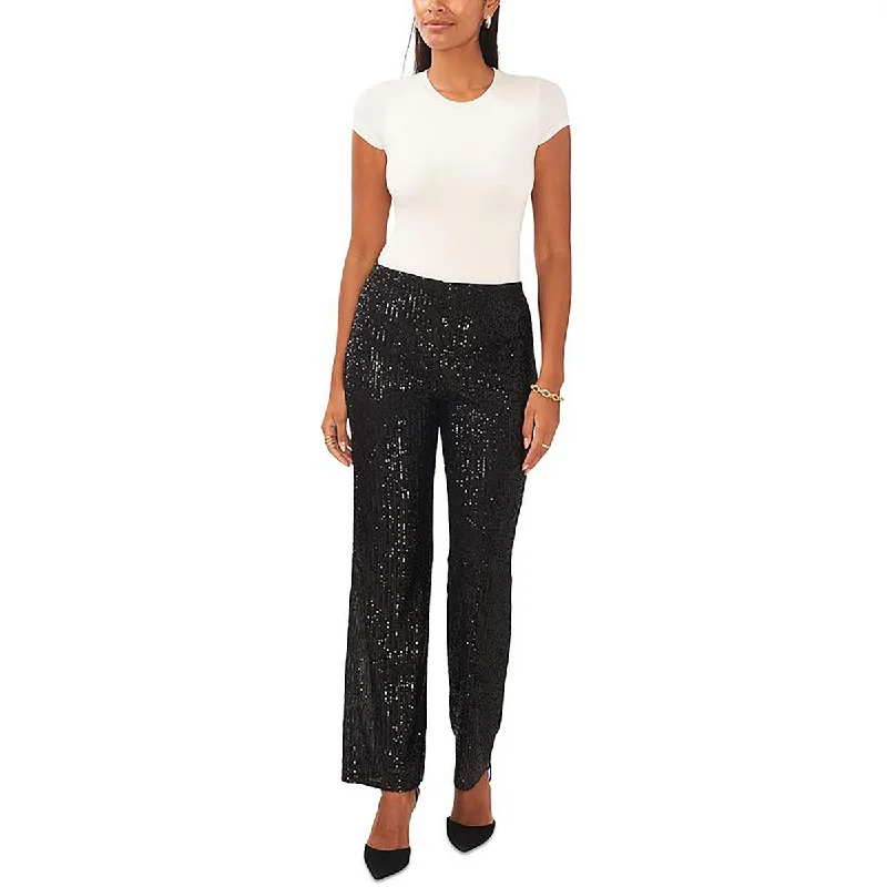 Petites Womens Sequined Mid-Rise Straight Leg Pants